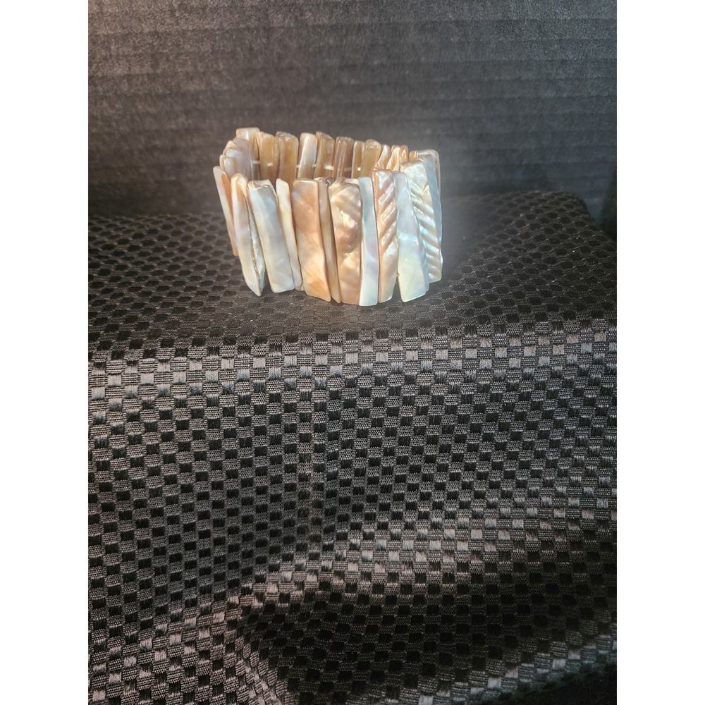 Mother of Pearl Shell Stretch Bracelet Iridescent Coastal Boho Wide Cuff Cream